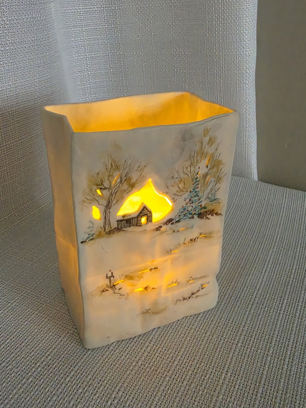 Bag Shape Tealight Holder Christmas Cabin Scene Joyce Hendrickson Hand Painted